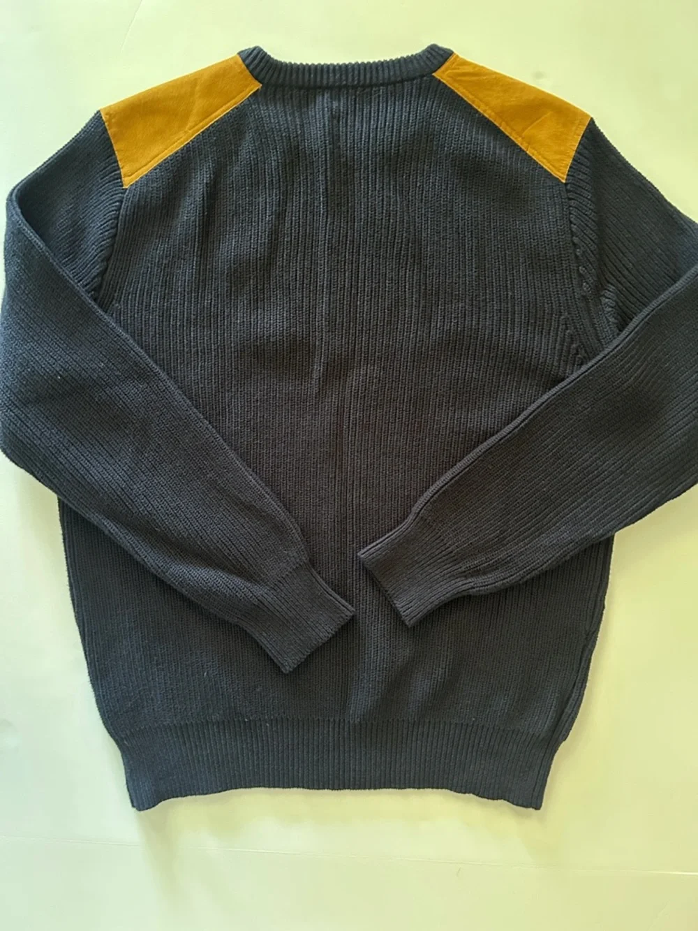 J. Crew Navy Crewneck Sweater with Tan Shoulder Patches - Men XL